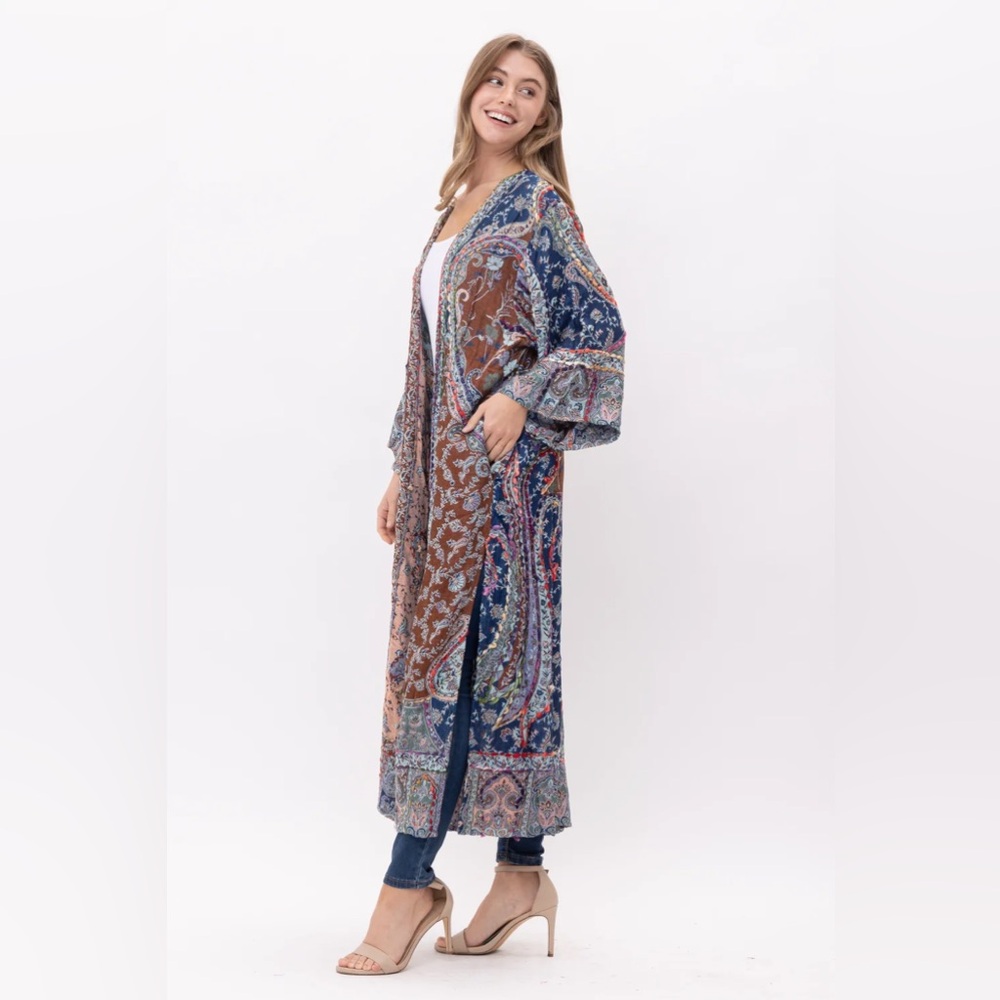 Raj Multicolor Paisley Duster Kimono - Blue, Brown, Pink